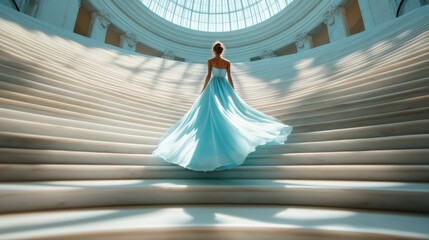 A graceful woman wearing a flowing, elegant dress elegantly descends a grand staircase, epitomizing beauty, poise, and the allure of classic fashion in a luxurious environment.