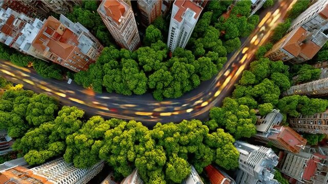 Urban Oasis: An eye-level view shows city buildings surround a green haven, a testament to nature's harmonious blend with the urban environment, offering a serene respite from the city's hustle.