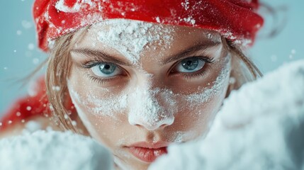 A girl with intense blue eyes playfully covered in flour evokes a sense of creativity and joy in the kitchen, emphasizing the messiness and fun of baking experiences.