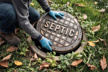 Person opening a septic tank lid for inspection and maintenance