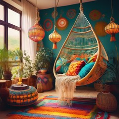 Hippie-Wohnzimmer mit Hängesessel und bunten Accessoires