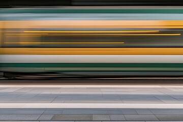 Fast-moving train on a platform, blurred motion, horizontal stripes of color