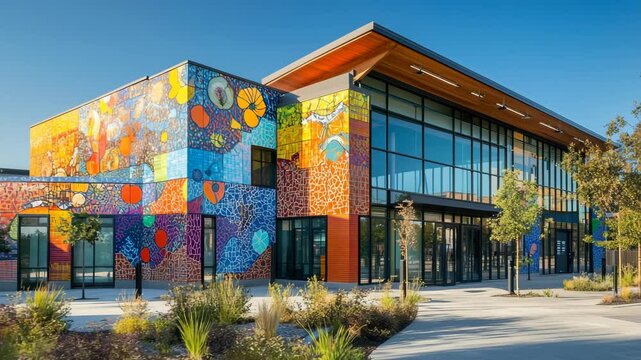 A colorful building with a mural on the side. The building is a large, modern structure with a glass facade. The mural is a colorful and abstract piece of art that covers the side of the building
