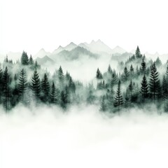 Fototapeta premium Watercolor foggy forest with mist and trees, evoking mystery and serenity