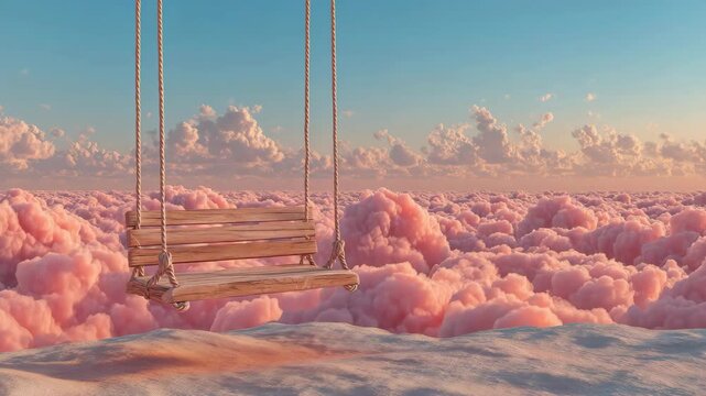 A simple wooden swing hanging from a fluffy, pastel-colored cloud. v3