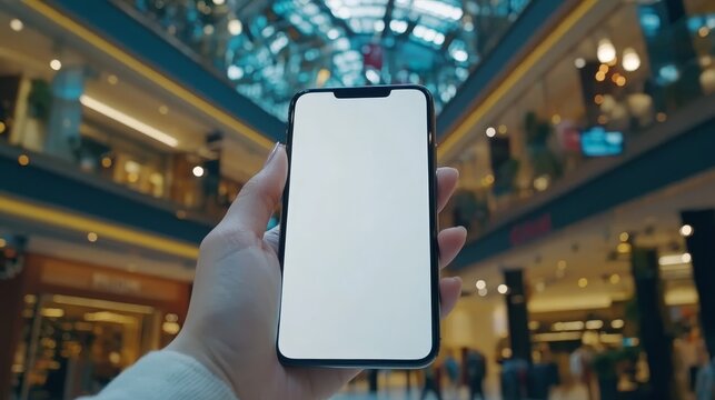 Hand holding smartphone with blank screen on blurred shopping mall background, representing mobile technology, digital device usage, online browsing, consumer lifestyle, modern communication concepts