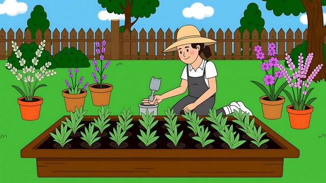 Woman Gardening in Raised Bed with Blooming Flowers
