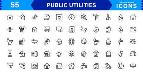 Essential Public Utility Icons. Clean Line Art Symbols, Stylish Vector Icons for Power, Water, and City Systems