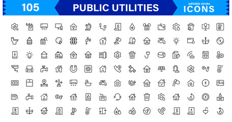 Essential Public Utility Icons. Clean Line Art Symbols, Stylish Vector Icons for Power, Water, and City Systems