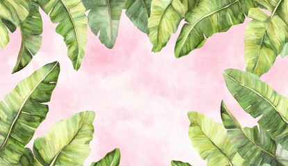 Fototapeta premium Tropical banana leaves frame a soft pink background. Watercolor-style illustrations of vibrant green and light green leaves form an elegant border around a blush pink, textured center
