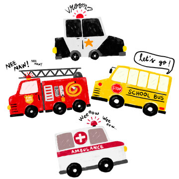 Cute set community emergency vehicles transportation crayon kids doodle crayon watercolour illustration police car school bus ambulance fire truck engine road street nursery poster wall art