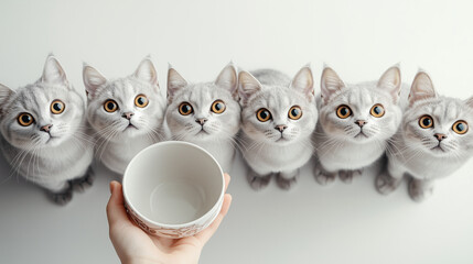 gray cats that are looking at a white bowl