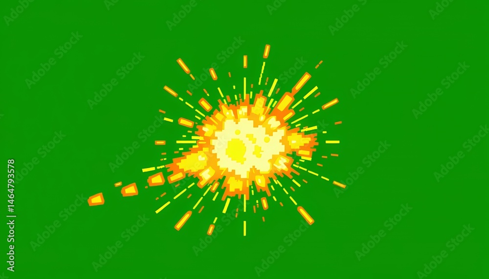 Fototapete pixelated explosion animation with yellow and orange hues isolated on green screen background top vi