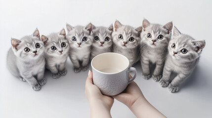 gray cats that are looking at a white bowl