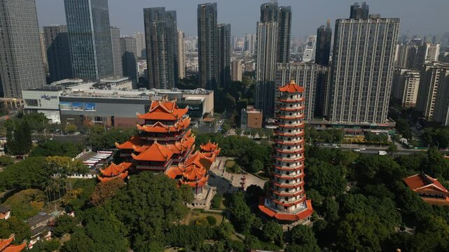 Drone 4K, aerial view of Xichan Temple, Fuzhou, Fujian, China, city in background