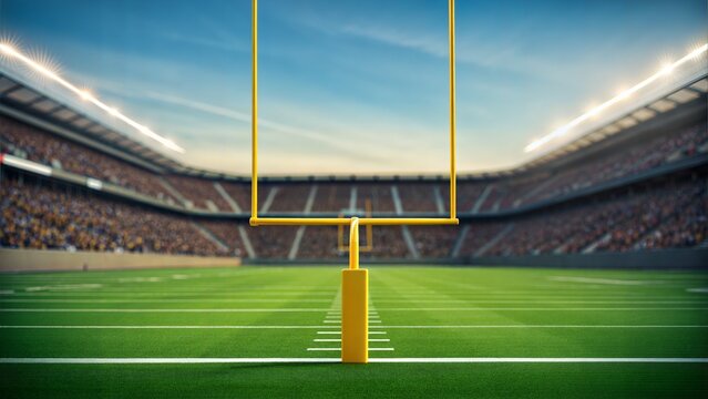 American football stadium with yellow goal post, grass field, and blurred fans