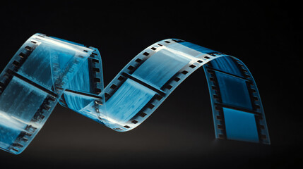 blue film strip floating against deep black background