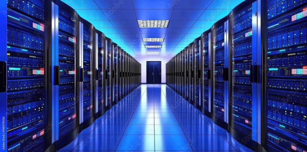 Aufkleber Abstract view of illuminated server hardware with selective focus and vibrant lights, perfect for high tech content, cybersecurity, and network themes.