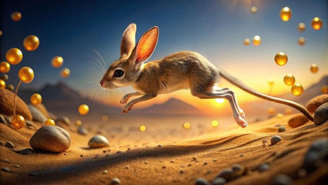 A Desert Jerboa's Golden Sunset Leap Across Sandy Dunes and Glowing Spheres
