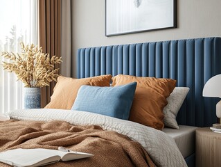 Modern Blue Velvet Upholstered Bedroom Headboard Design Stylish Home Decor Comfortable Bed Interior 