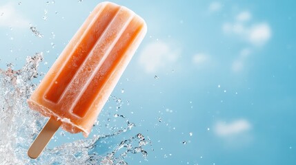 A vibrant orange popsicle splashing into water, capturing the essence of summer with its refreshing appearance and delicious fruity flavor ideal for warm days.