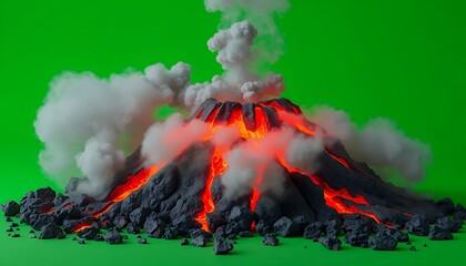 Pixelated Volcano Erupting with Lava and Smoke in Medium Shot Isolated on Green Screen Background Perfect for Vfx and Game Design With Low Poly Art Style