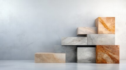 A collection of beautifully arranged geometric stone blocks of various textures and colors, set against a minimalist wall, creating a sophisticated and elegant environment.