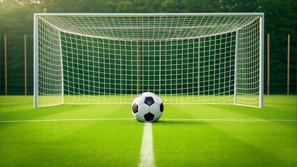 Soccer ball in the goal net on a green grass field