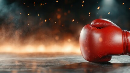 A vibrant red boxing glove lays on the ground amidst an atmosphere of smoke and sparks, symbolizing conflict, strength, sports, and the determination needed in competition and life.
