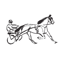 Harness racing  line art illustration, trotter horse in sulky, side view 
