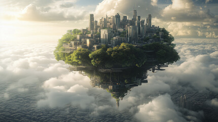A floating city surrounded by clouds, with modern skyscrapers and greenery, reflected in a mirrored surface below.