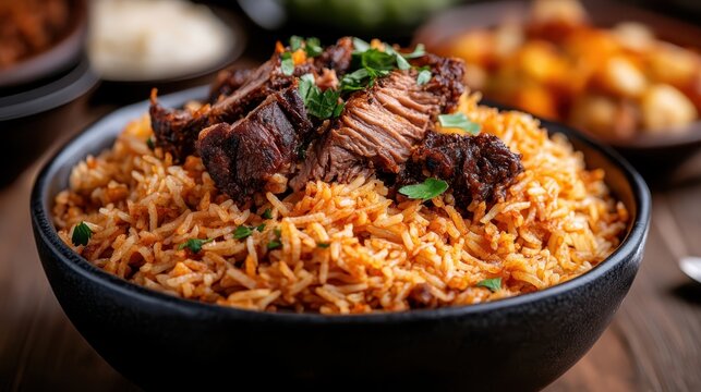 An appetizing bowl of flavorful rice topped with succulent pieces of meat, showcasing a traditional dish that evokes comfort, satisfaction, and culinary delight.