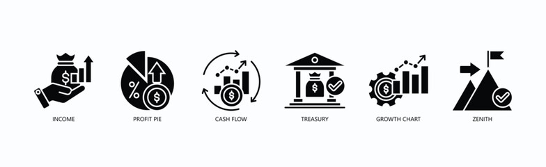 Financial Mastery Icon Set Isolated Vector With Icon Of Income, Profit Pie, Cash Flow, Treasury, Growth Chart, Zenith In Glyph Style