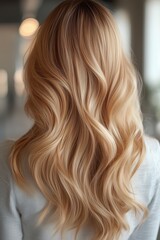 Naklejka premium Blonde woman displaying her stunning wavy hairstyle, embodying the essence of hair care and beauty. Long, flowing locks radiate health and elegance, showcasing perfect waves and shine