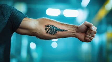 A captivating image showcasing a lion tattoo on a muscular forearm, symbolizing strength, courage, and resilience against a blurred background in a bold lighting setting.