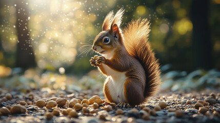 Naklejka premium A squirrel is holding a nut in its paws, surrounded by scattered hazelnuts on a forest floor. The background is softly blurred with sunlight filtering through the trees.