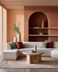 desert chic living room full view, warm terracotta honey wall, sculptural block seat, dusty pistachio pillow, textured wool rug, wooden niche corner