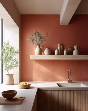 eastern vintage modern kitchen full view, sunwashed terracotta wall, fig tone inset near counter, floating wood shelf, vintage plaster detail, calm warm
