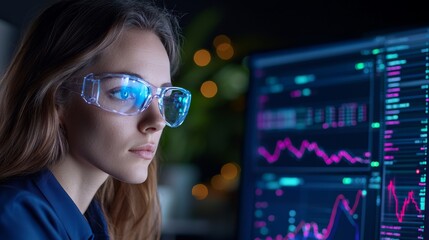 Young Woman Analyzing Financial Data on Computer Screen in Modern Workspace with Neon Lights