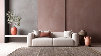 modern rustic living room full view, soft edged sofa in milk coffee, clay toned wall, thick woven rug, one coral ceramic jug on rear console, soft ambient