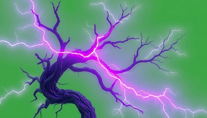 Top Angle Pixelated Tree with Purple Lightning Isolated on Green Screen Background for Game and Film Elements