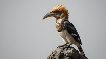 A juvenile hornbill with duller plumage, sitting on a small rock, isolated on white The hornbill who speaks in riddles to lost travelers
