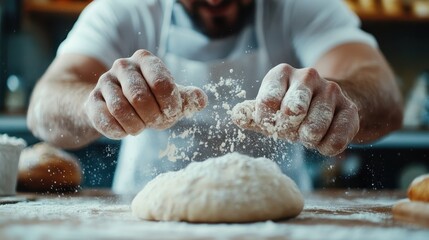 A poised baker expertly kneads dough with flour-dusted hands in a warm kitchen, portraying the artistry and joy of baking fresh bread and other delicious goodies.