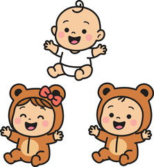 Cute cartoon babies vector illustration sitting wearing bear costumes