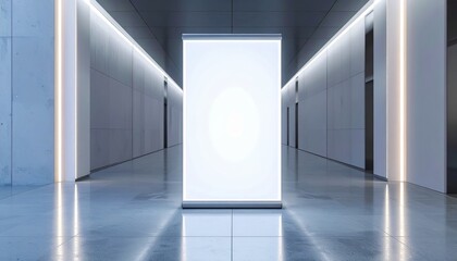 A bright, blank advertising display stands in a modern, illuminated hallway with reflective floors and sleek walls.