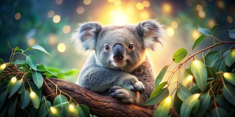 Fototapeta premium A Serene Koala Rests on a Branch Adorned with Glowing Lights in a Lush, Dreamlike Forest Setting