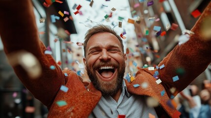A joyful man celebrates with a wide smile while colorful confetti cascades around him in a lively urban setting, embracing a moment of pure happiness and excitement.