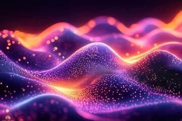 Vibrant Abstract Digital Waves with Glowing Particles in a Futuristic Neon Color Palette