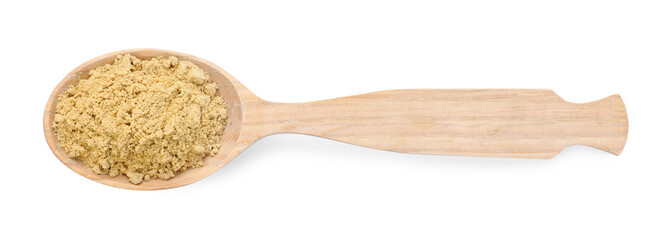 Dry ginger powder in wooden spoon isolated on white, top view