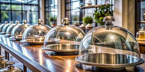 A Row of Gleaming Metal and Glass Food Covers on a Polished Wood Buffet Table